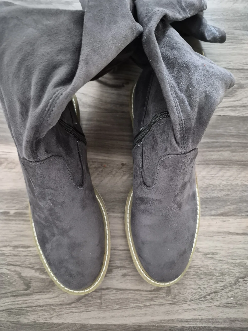 Nicole Miller Charcoal Gray Over-the-Knee Suede Boots with Cream Lug Sole